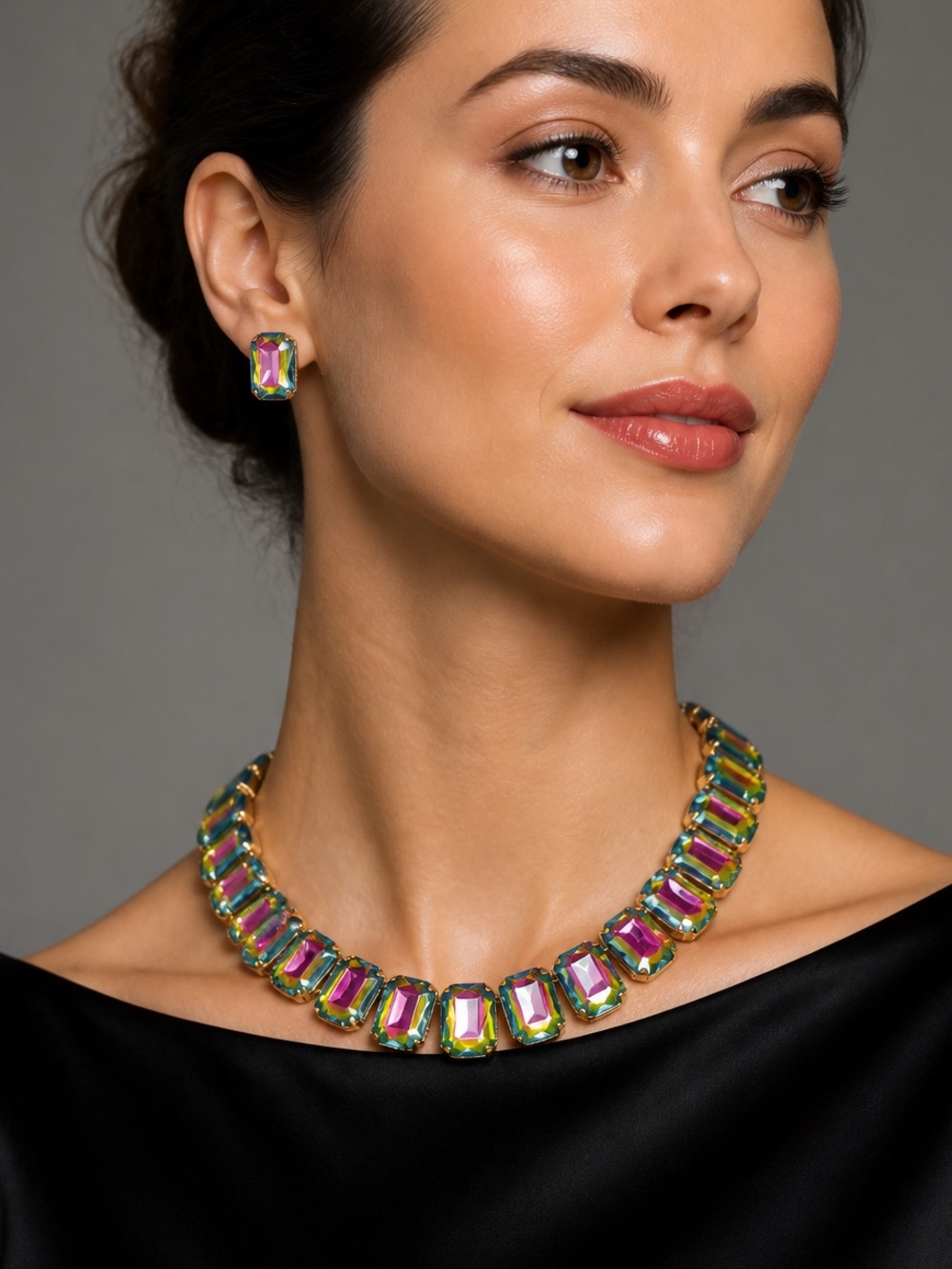 Multicolored Rhinestone Necklace and Earrings